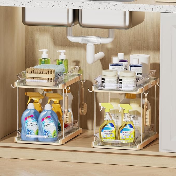 Delamu 2 Tier Under Sink Organizer Bathroom, Bathroom Cabinet Organizer with Snap-Lock Design and Hooks, Pull Out Storage with Movable Dividers, for Countertop, Kitchen and Pantry (White, 2 Pack)