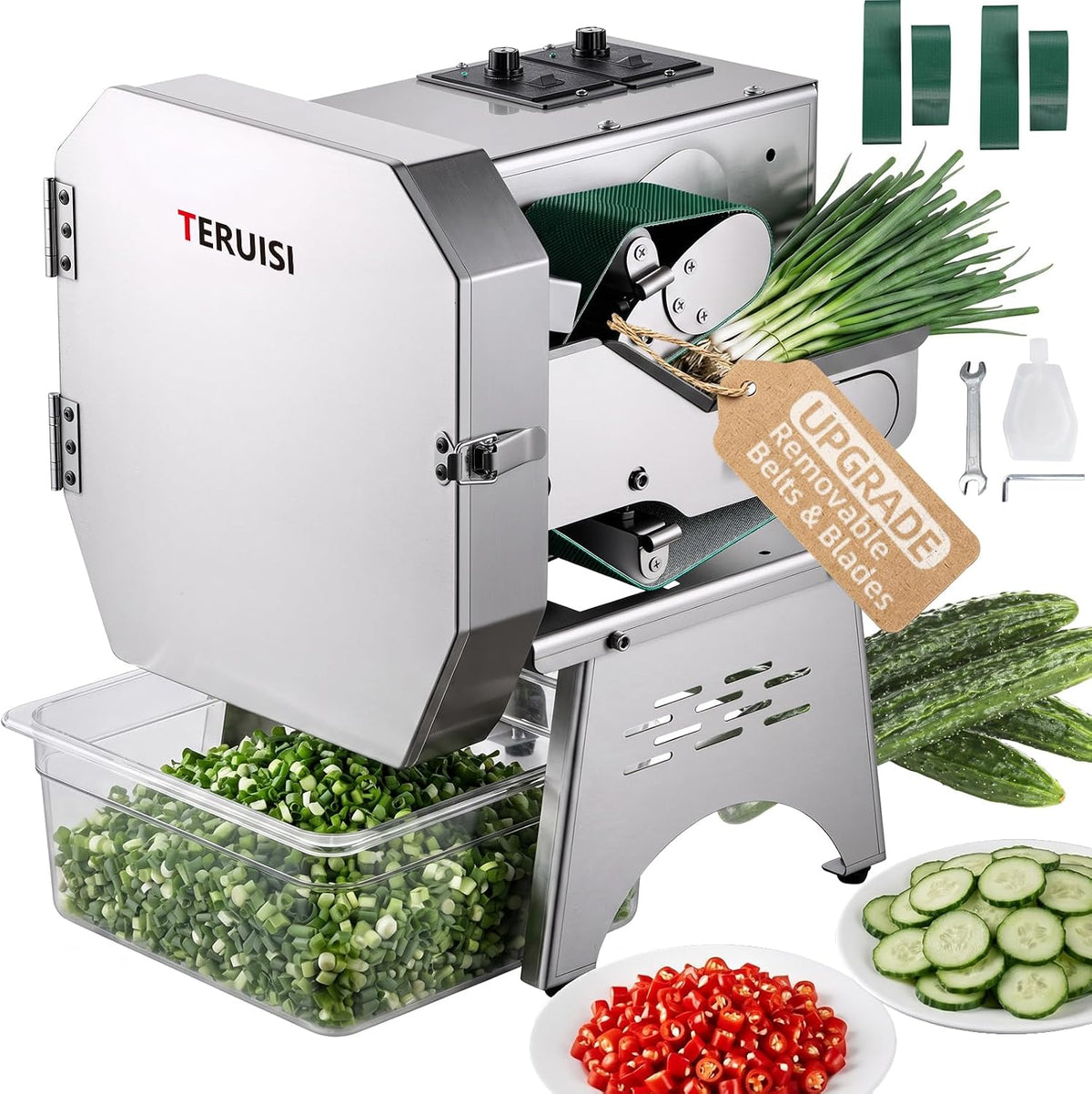 Commercial Vegetable Chopper, Electric Vegetable Cutter 450LBS/H Production, Stainless Steel Onion Chopper with Upgrade Removable Belts & Blades, 2-20mm Adjustable Thickness, 110V