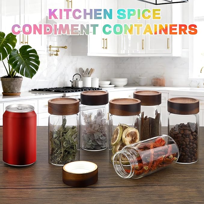 8 oz Small Glass Spice Jars with Airtight Wood Acacia Lid 4 PCS,Clear Coffee Ground Storage Canister Round Glass Spice Jar for Pantry Sugar Tea Bean Nuts Cookies Salts Seasoning
