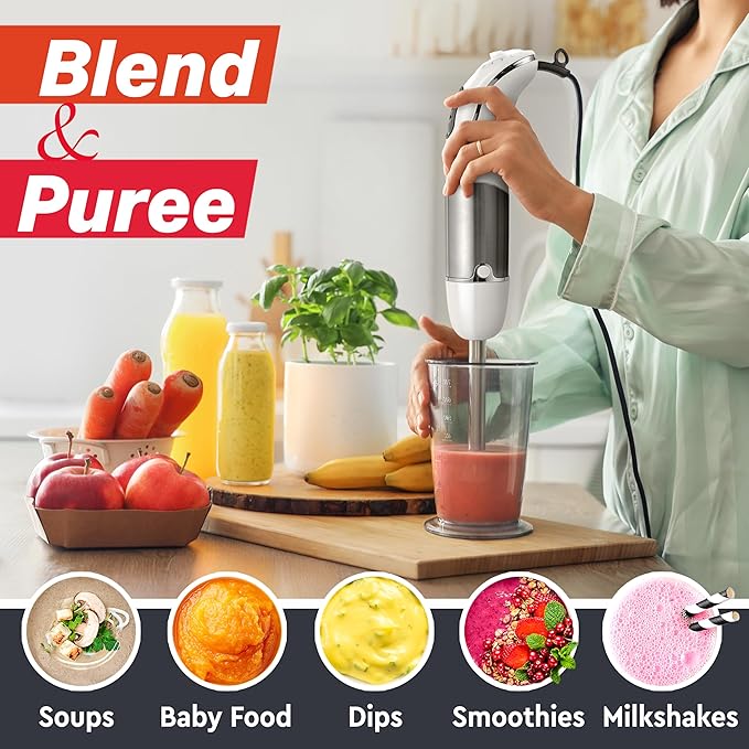 Mueller Multistick 800W 4-in-1 Immersion Blender Handheld, 12 Speed Hand Mixer - Turbo Boost, Heaviest Duty Copper Motor, Titanium Blades Hand Blender, Milk Frother Wand, Whisk, Beaker, Chopper, White