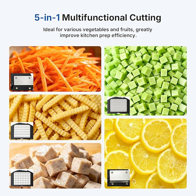 BLEOU 5-in-1 Commercial Electric Vegetable Chopper, 330LBS/H Heavy Duty Food Dicer & Veggie Slicer with Magnetic Safety Lid, Stainless Steel Blades, Ideal for Restaurant & Kitchen