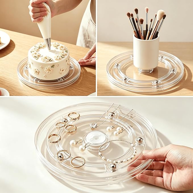 4 Inch Transparent Rotating Turntable, 2 PCS Acrylic Turntable Platters, Organizer Bearings Display Stand for Home, Office, Crafts, Cosmetics