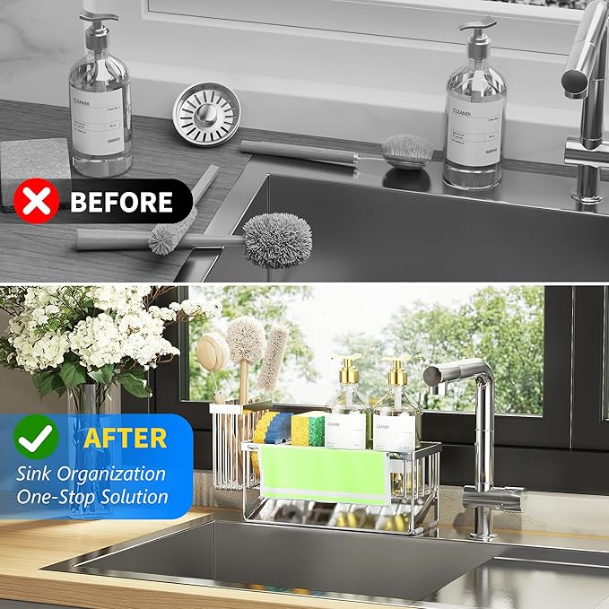 Cisily Kitchen Sink Caddy Organzier with High Brush Holder, Sponge Holder for Sink, 304 Rustproof Stainless, Kitchen Countertop Soap Dispenser Organizer (Silver With Towel Rack, 9.25″)