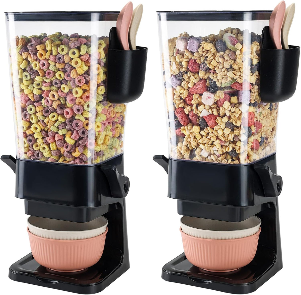 Cereal Dispenser Countertop Black 2 Pack with Bowls Spoons Cutlery Box,5.5 QT Dry Food Dispenser Snack Organizer Containers Storage for Pantry Kitchen Organization Oatmeal Nut Granola Candy