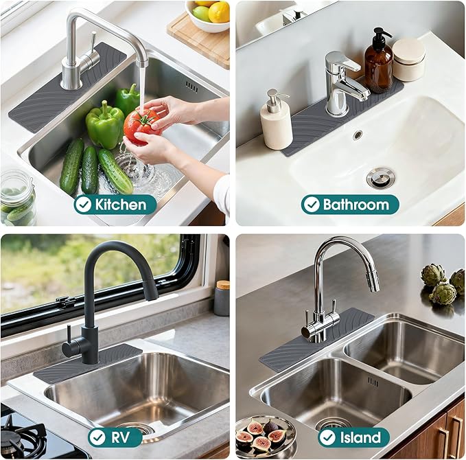 Quick Dry Stone Faucet Mat for Kitchen Sink - 15.8"x3.9" Natural Diatomite Stone Drying Mat for Kitchen Counter Bathroom Dish Dry Mat Auto Drainage Sink Protector (Dark Grey)