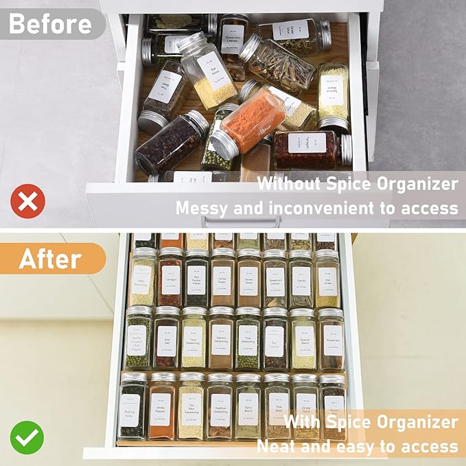 Spice Drawer Organizer with 28 Spice Jars and 216 Labels,Non-slip Rubber, Bamboo 4 Tier Spice Racks Tray Seasoning Containers for Kitchen Drawers,Cabinets,Countertops,13" Wide * 15.8" Deep