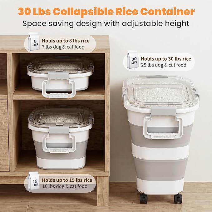 30 Lbs Rice Storage Container with Wheels, Collapsible Airtight Food Storage Container with Transparent Lid, Measuring Cup, Scoop, Handle, BPA Free Rice Holder for Pet Food, Grain, and Bird Seed