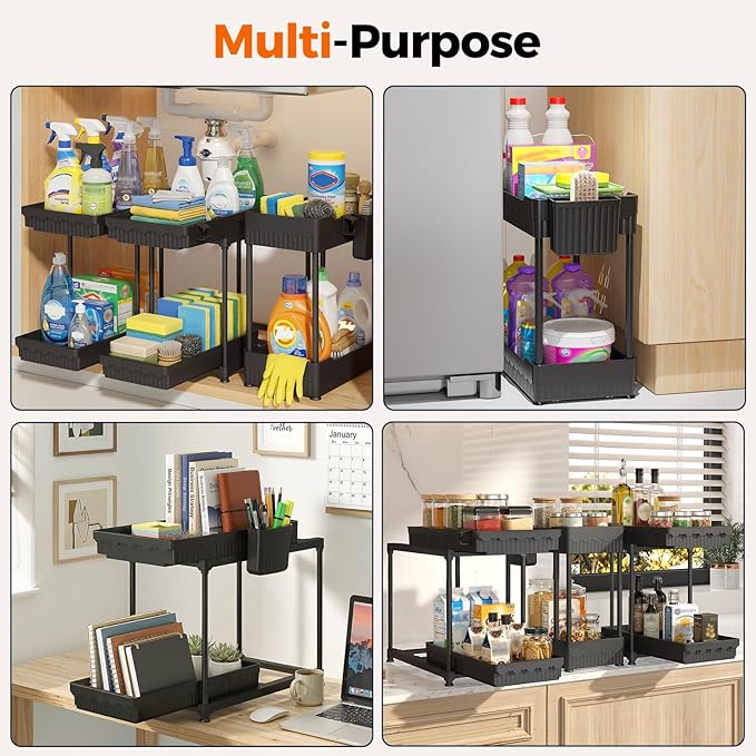 Sevenblue 3 Pack Under Sink Organizer, 2 Tier Slide Out Bathroom Cabinet Organizer, Multi-Purpose Storage Shelf for Kitchen, Black, 14.8Inch