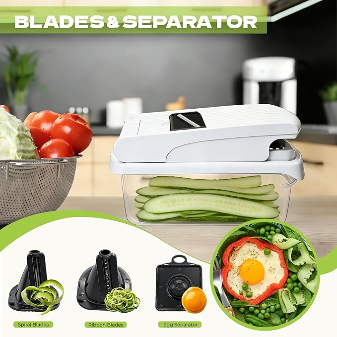 17 in 1 Vegetable Chopper, Multifunctional Food Chopper with Container, Stainless Steel Blades, Onion Chopper, Salad Slicer, Dicer, Spiralizer, Kitchen Gadgets with Cut-Resistant Gloves, BPA-Free
