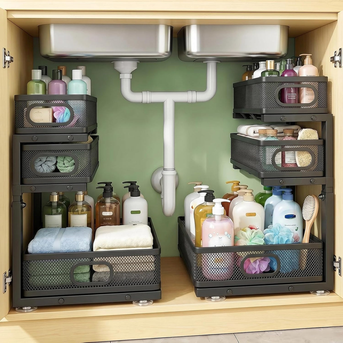 Under Sink Organizer, 2-Pack 3-tier Under Sink Storage Organizer Adjustable Height Easy Assembly Pull Out Cabinet Organizers Basket for Bathroom Kitchen Pantry Home Organization