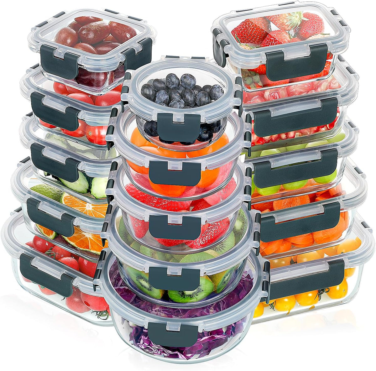 30 Pieces Glass Food Storage Containers Set with Lids, Grey