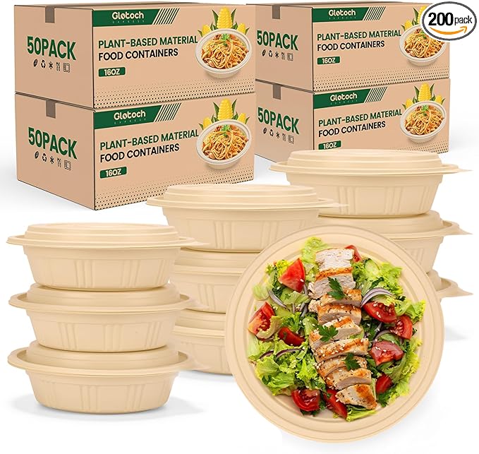 Glotoch Express 16 oz-200 Pack Meal Prep Bowl Containers with Lids,Cornstarch Round Food Containers for Lunch Salad Deli Soup, BPA Free Plant-based Take Out Containers