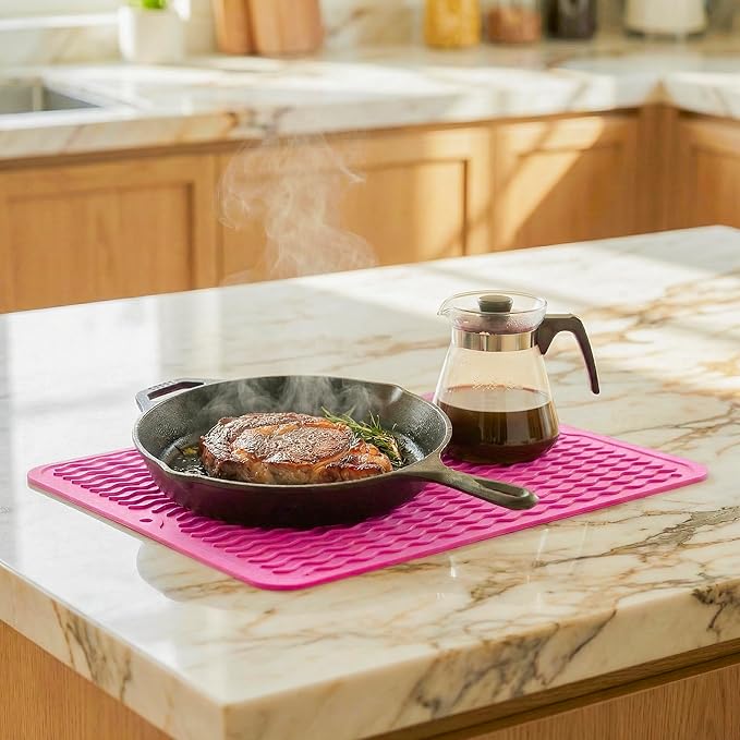 MicoYang Silicone Dish Drying Mat - Quick-Dry Raised Ridges, Dishwasher Safe, Heat Resistant 450°F, Roll-Up (Rose, 16x12 in)