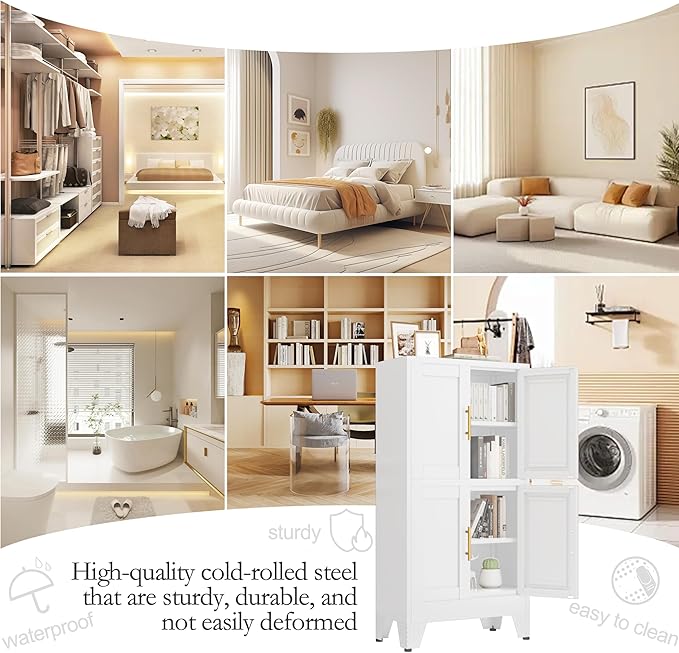 GAIOUS 47.25" Metal Pantry Cabinet, Storage Cabinets with 4 Door and 2 Adjustable Shelves, White Bathroom Cabinet, Freestanding Cupboard for Kitchen Dining Living Room Bathroom