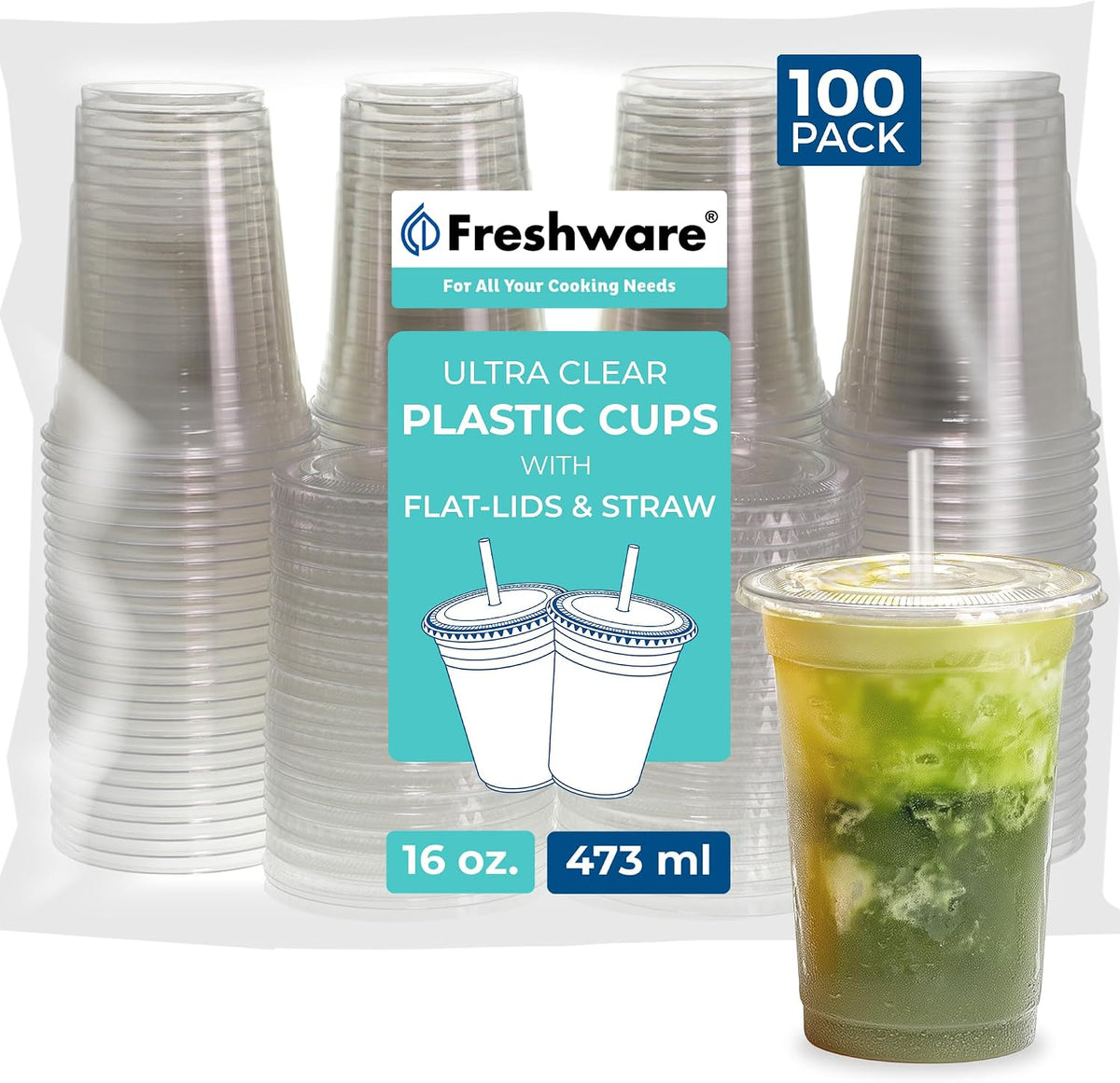16 oz Clear Disposable Plastic Cups with Flat Lids and Straws, 100 Pack Clear Plastic Cups Tumblers, Heavy-duty Party Glasses, Disposable Cups for Thanksgiving, Halloween, Christmas Party
