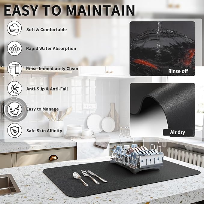 HotLive Dish Drying Mat for Kitchen Counter, Heat Resistant Drainer Mats with Non-slip Rubber Backed, Hide Stain Kitchen Super Absorbent Draining Mat, Easy to Clean Dish Rack Pad, Black 18"x32"