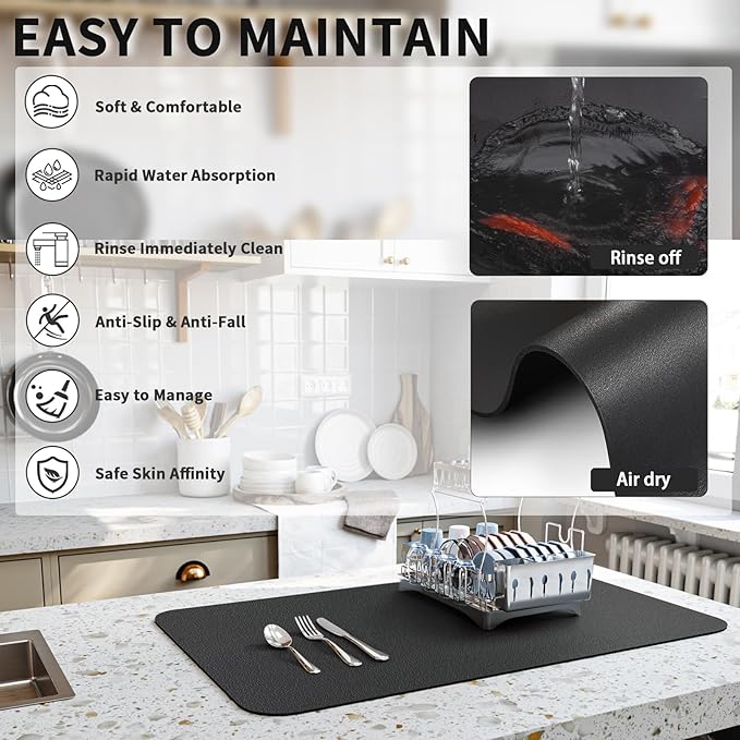 HotLive Dish Drying Mat for Kitchen Counter, Heat Resistant Drainer Mats with Non-slip Rubber Backed, Hide Stain Kitchen Super Absorbent Draining Mat, Easy to Clean Dish Rack Pad, Black 18"x28"