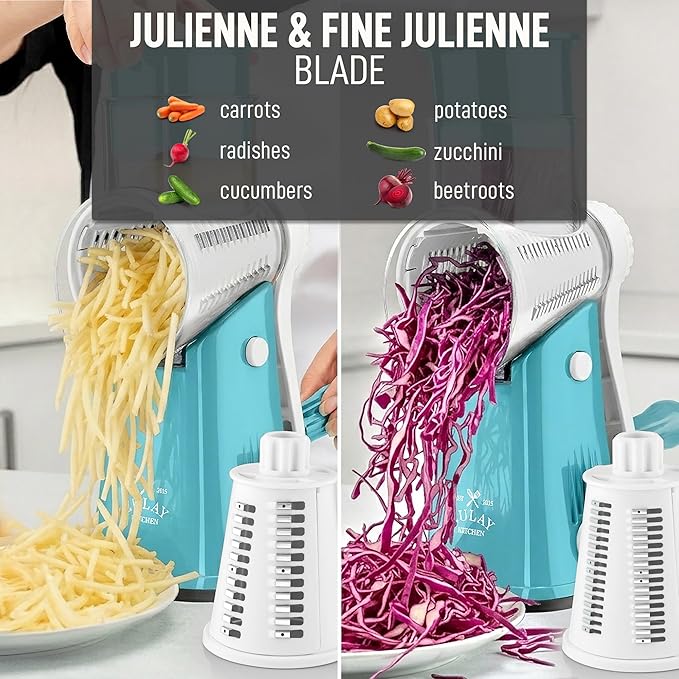 Zulay Kitchen Rotary Cheese Grater 5 Blade Cheese Shredder - Manual Hand Crank Cheese Grater With Reinforced Suction & 5 Interchangeable Drums