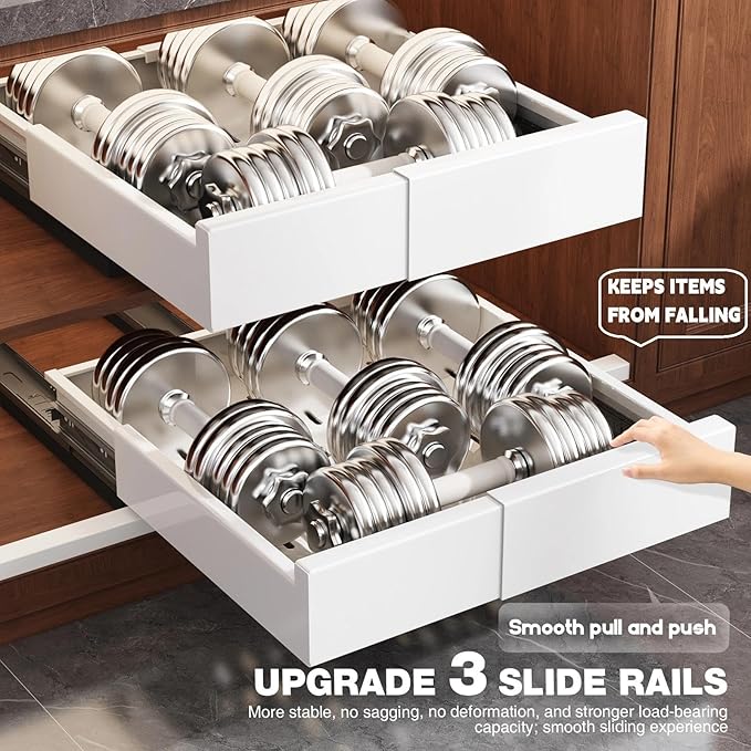 Seinloes Pull Out Cabinet Organizer,4-Side Expandable to Maximize Cabinet Space,Slide Out Drawers with 3 Rail Design,Roll Out Shelf with Raising Pad for Framed Cabinet,11"-16"W x 13"-17"D,White,2 Pack