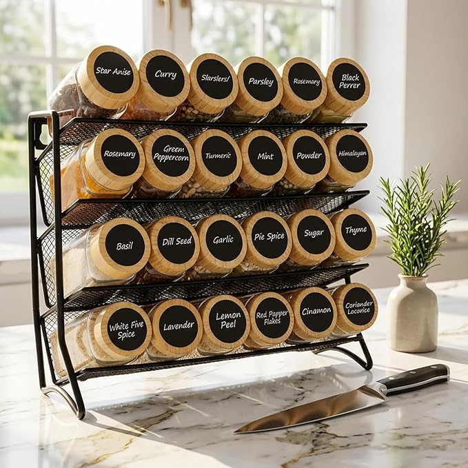 DIDITIME Spice Rack Organizer with 24 Glass Jars and 60 Labels, 4-Tier Seasoning Organizer for Cabinet, Countertop, Pantry or Wall Mount, Rust-Resistant Carbon Steel Spice Jar Set with Marker