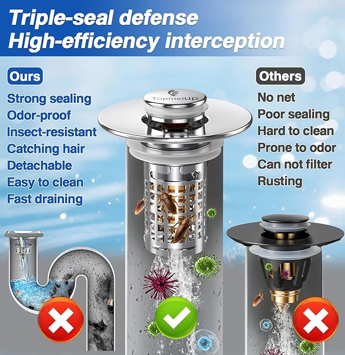 Bathroom Sink Drain Strainer(New-2pcs), Pop-up Sink Drain Strainer with Removable Stainless Steel Strainer Basket Hair Catcher, Bathroom Sink Strainer for Bathroom Sink Stopper Replacement
