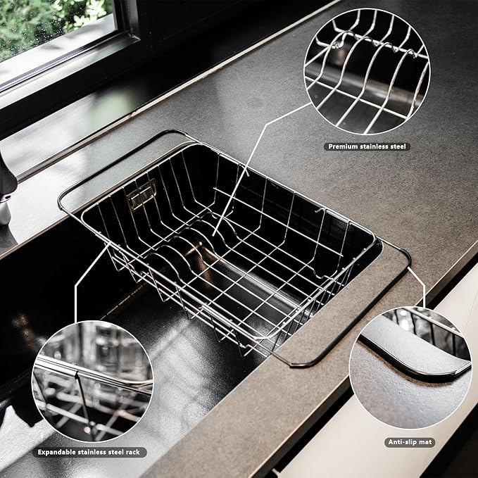 Over The Sink Dish Drainer Drying Rack - Expandable Stainless Steel in Sink Dish Drying Rack, High-Capacity, Rustproof, Easy Install, with Utensil Holder - Dish Racks for Kitchen Counter
