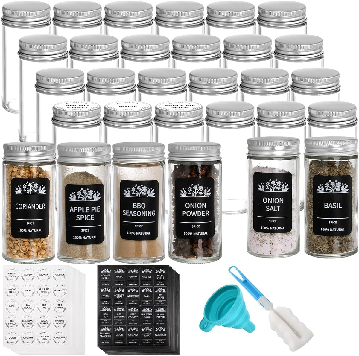 30 Pack Round Spice Bottles Jars with Silver Lids, 3oz Empty Glass Spice Containers Shakers Complete Organizer Set Includes Shaker Lids, Wide Funnel, Labels and Cleaning Brush
