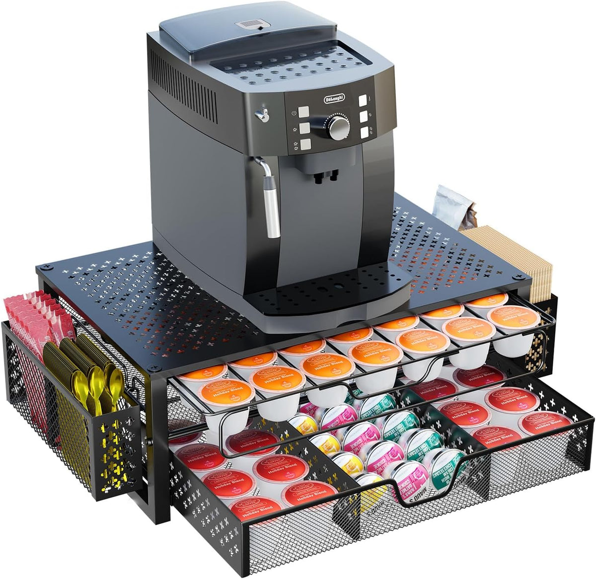 Coffee Pod Holder for K Cups, with 2 Tier Slidng Storage Drawer and Coffee Accessories Holder, 63 Large or 80 Small Capsule Organizer, Black