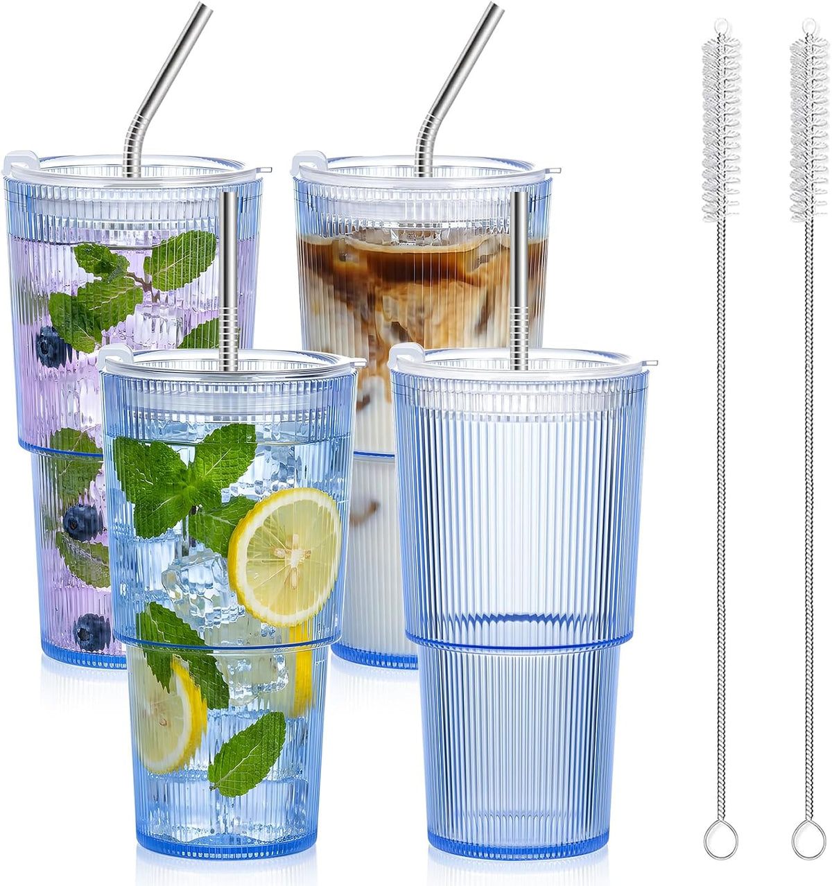 4 Pcs 20oz Plastic Ribbed Tumblers with Lid and Straws Blue Plastic Reusable Iced Coffee Cups with Lid Unbreakable Vintage Ribbed Drinking Glasses Tumbler for Juice Smoothie Beverage with Clean Brush