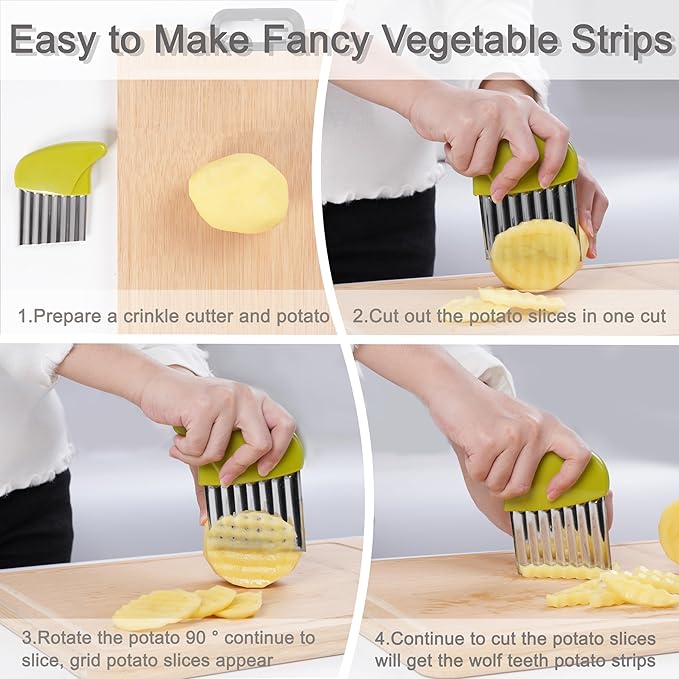 2 Pcs Crinkle Cutter for Veggies, Stainless Steel Wavy Cutter for Potato, Carrot, Chip, Vegetable, Butter, Lettuce (Green and Blue)
