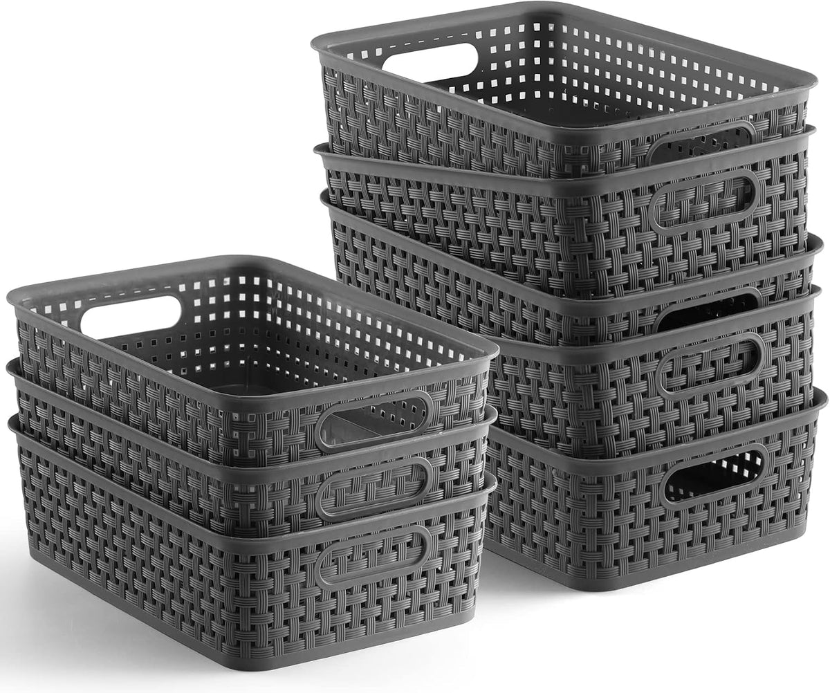 Plastic Storage Baskets - 8 Pack, Gray, Durable, Easy to Use, Flexible, Multi-Purpose, Ideal for Closets, Cabinets, Shelves, Countertops