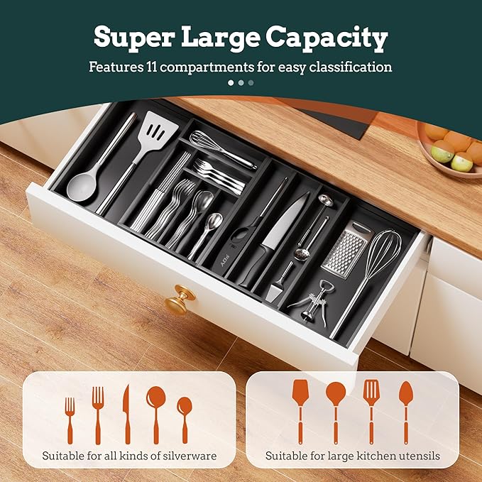 Silverware Organizer Large, Magnetic Connected Expandable 11 Slots Silverware Drawer Organizer from 21 to 37.4 Inches, Adjustable Flatware and Cutlery Holder, Bamboo Utensil Tray for Kitchen Black