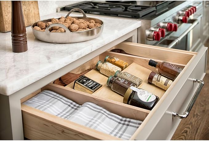 Rev-A-Shelf 22" 3 Tiered Seasoning Organizer, Trim-to-Custom-Fit Wooden Kitchen Draw and Cabinet Home Storage Insert, Pull Out Spice Rack, Maple, 4SDI-24