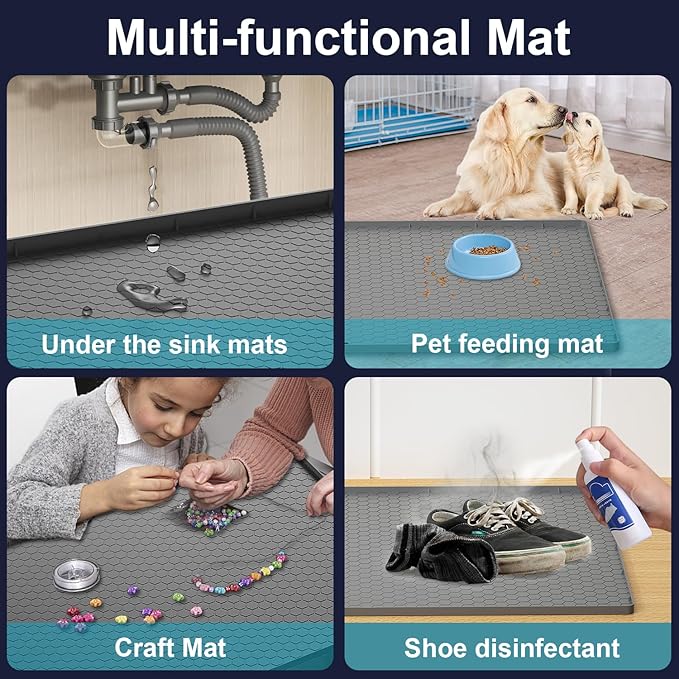 Under Sink Mat - 25" x 19" Waterproof Kitchen Cabinet Mat - Flexible Silicone Under Sink Liner - Kitchen Bathroom Cabinet Mat and Protector for Drips Leaks Spills (Gray)