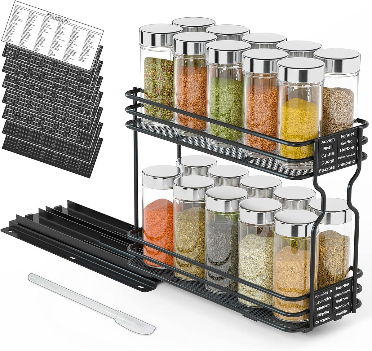 Pull Out Spice Rack Organizer for Cabinet, Heavy Duty Slide Out Seasoning Kitchen Organizer, Cabinet Organizer, with Labels, 4.5" W x10.75 D x8.5 H, 1 Drawer 2-Tier