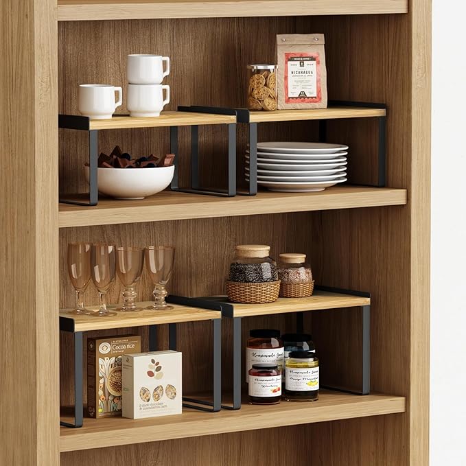 Goozii Cabinet Shelf Organizer Set of 4, Kitchen Counter Shelf Riser for Plates Dishes Cups Mugs Spices, Pantry Cupboard Cabinet Organizers and Storage Shelves Rack Insert for Countertop (Bamboo Wood)