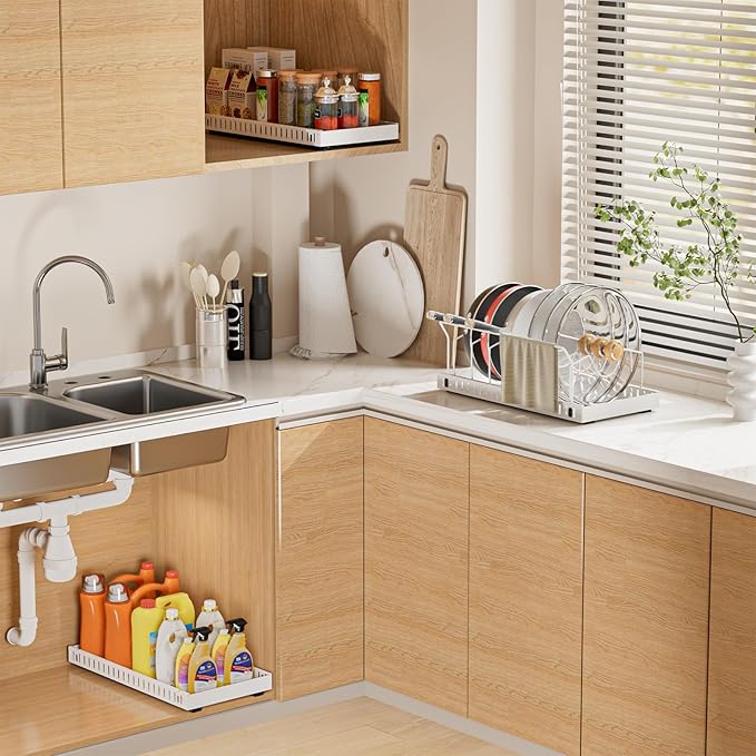 Pots and Pans Organizer Under Cabinet, Pull-out Pots and Pans Organizer, Under Cabinet Pot Lid Holder, Sliding type Pots and Pans Storage with 10 Adjustable Dividers & Handle Bracket - White