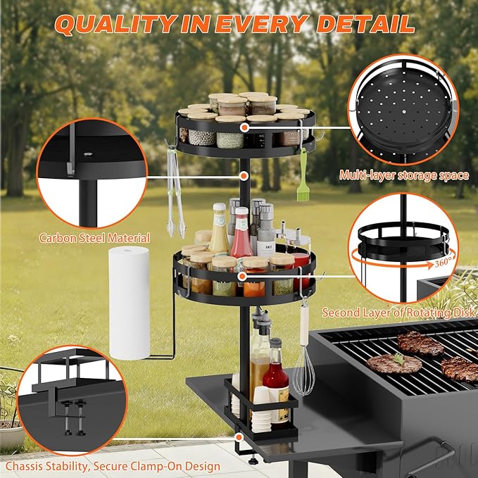 Griddle Caddy for Blackstone Griddle Accessories, BBQ Caddy with Paper Towel Holder, Rotating Condiment & Utensil Organizer, Outdoor Kitchen Accessories for Camping, RV, Patio & Tailgating
