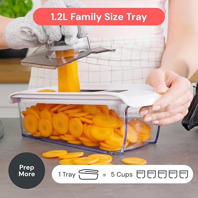 Fullstar Mandoline Slicer for Kitchen, Fruit Cutter, Cheese Grater, Cucumber Slicer, Veggie Spiralizer, Food Cutter & Kitchen Gadgets & Gifts with Safety Glove (6 in 1, White)