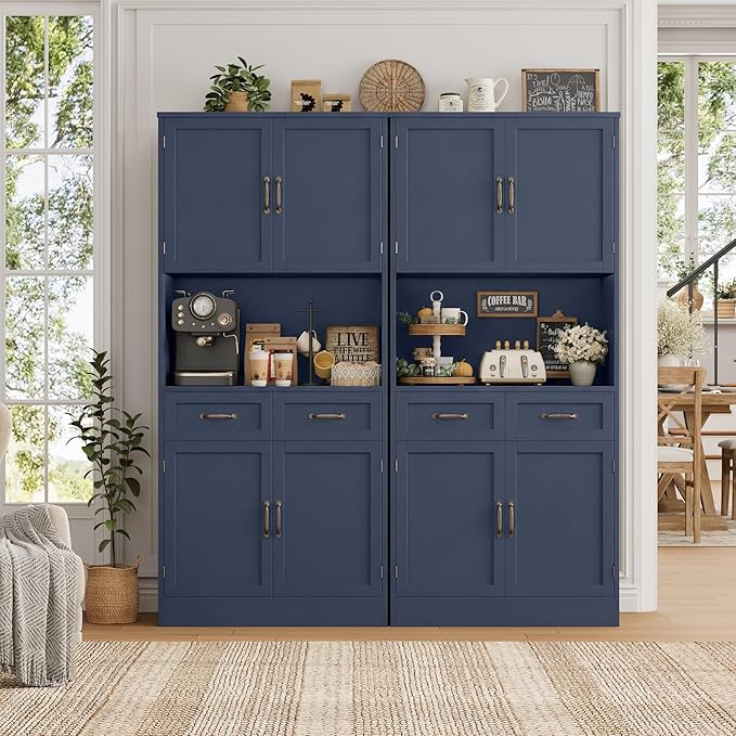 HOSTACK 71“ Tall Kitchen Pantry Storage Cabinet, Modern Kitchen Hutch Bar Cabinet with Microwave Stand, Wood Buffet Sideboard with Hutch, Cupboard with Drawers, Shelves for Dining Room, Blue