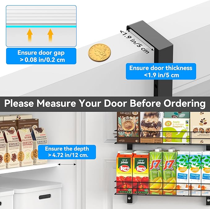 6-Tier Over The Door Spice Rack, Large-Capacity Adjustable Hanging Pantry Organizer 3 Size Baskets, No-Sway No-Drill Door Mount, Heavy-Duty Rustproof Steel, 15.75″ Wide, Black
