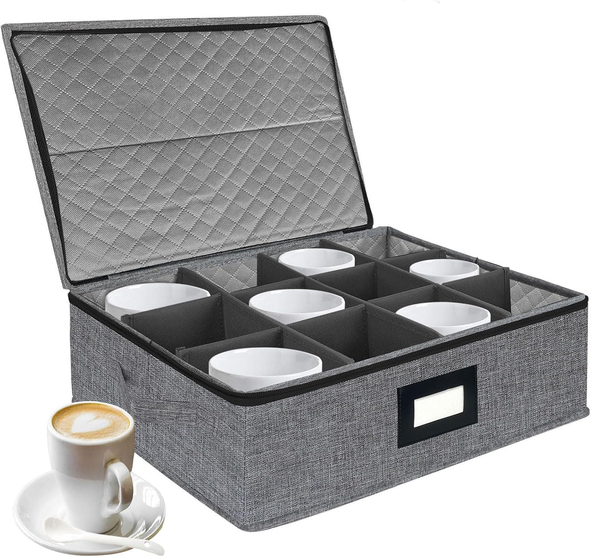 Mug and Cup Storage Box with Dividers, Coffee Mug Storage Case China Storage Containers Hard Shell with Lid and Handles, Stackable for 12 Coffee Mugs, Tea Cups, Moving & Packing (Dark Grey)
