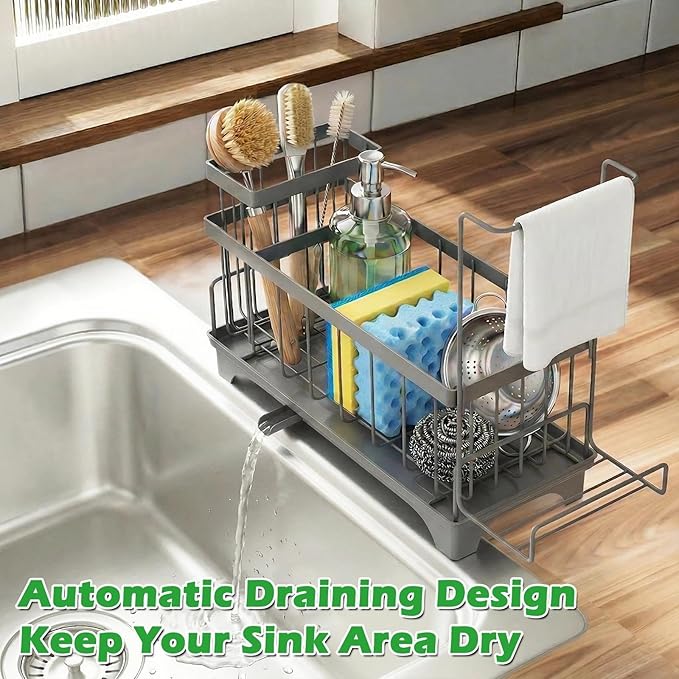 Sponge Holder for Kitchen Sink, Sink Caddy Organizer with Detachable Cloth & Brush Holder, Self-Draining Sponge Caddy Organizer with 360° Rotatable Spout, Kitchen Countertop Storage Accessories(Gray)