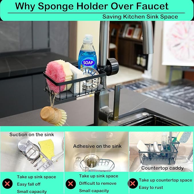 Sponge Holder for Kitchen Sink Sponge Holder Over Faucet - Stainless Steel Sink Caddy Organizer with Quick Stone Drying Mat (Black)