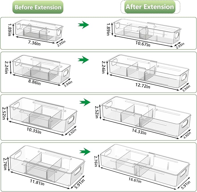 BLULEE Adjustable Clear Drawer Organizers, Expandable Bathroom Drawer Organizer Bins with Dividers, Versatile Makeup Organizer for Drawer, Plastic Desk Drawer Organizer (4 Pcs)
