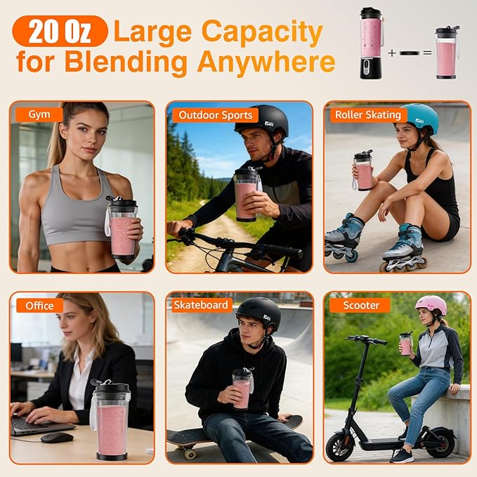 Portable Personal Size Blender for Smoothies - Cordless Mini Blender With Powerful Blending, 20oz BPA-Free Juice Cup With Leak-proof Travel Lid, Type-C Rechargeable, Freshly Squeezed in Gym/Picnic