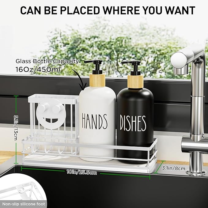 Moforoco Kitchen Dish Soap Dispenser Set, 16OZ Glass Bottle, Hand and Dish Soap Dispenser Set, Instant Dry Tray, Brush Holder with Smiley Face Sponge Holder (White Tray+Black&White Bottle)