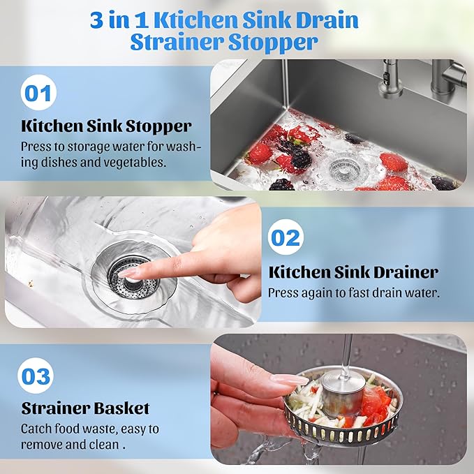 NinjaTiger Kitchen Sink Drain Strainer - 2-Pack Stainless Steel Sink Stopper 3-in-1 Pop-Up Sink Strainer with Anti-Clogging Basket Odor Filter Sink Drain Cover Plug for US Standard 3-1/2 Inch Drain