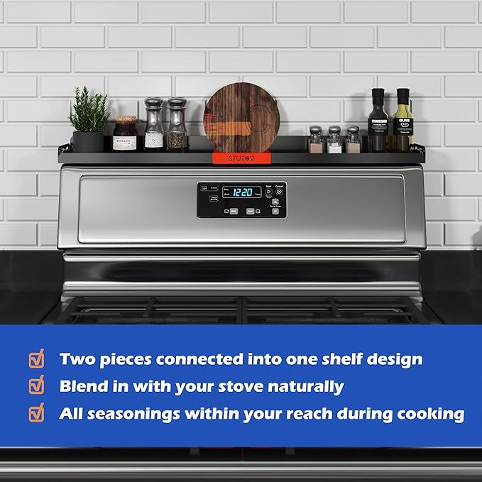 STUTOV 30" Magnetic Stove Top Shelf – Black Spice Rack with Red Logo and Seasoning Organizer – Kitchen Shelf for Back of Stove – Over Stove Rack and Storage Organizer