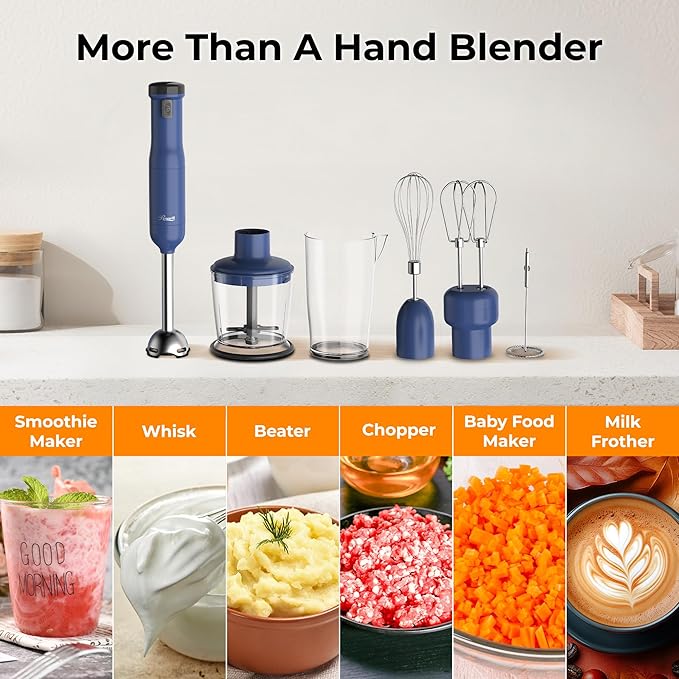 Rosewill 6-in-1 Multi-Speed Cordless Rechargeable Immersion Hand Blender, Heavy Duty Motor - Stick Blender, Beaker, Whisk, Chopper, Dual Beater, Milk Frother - For Smoothies, Baby Food, Soup - Blue